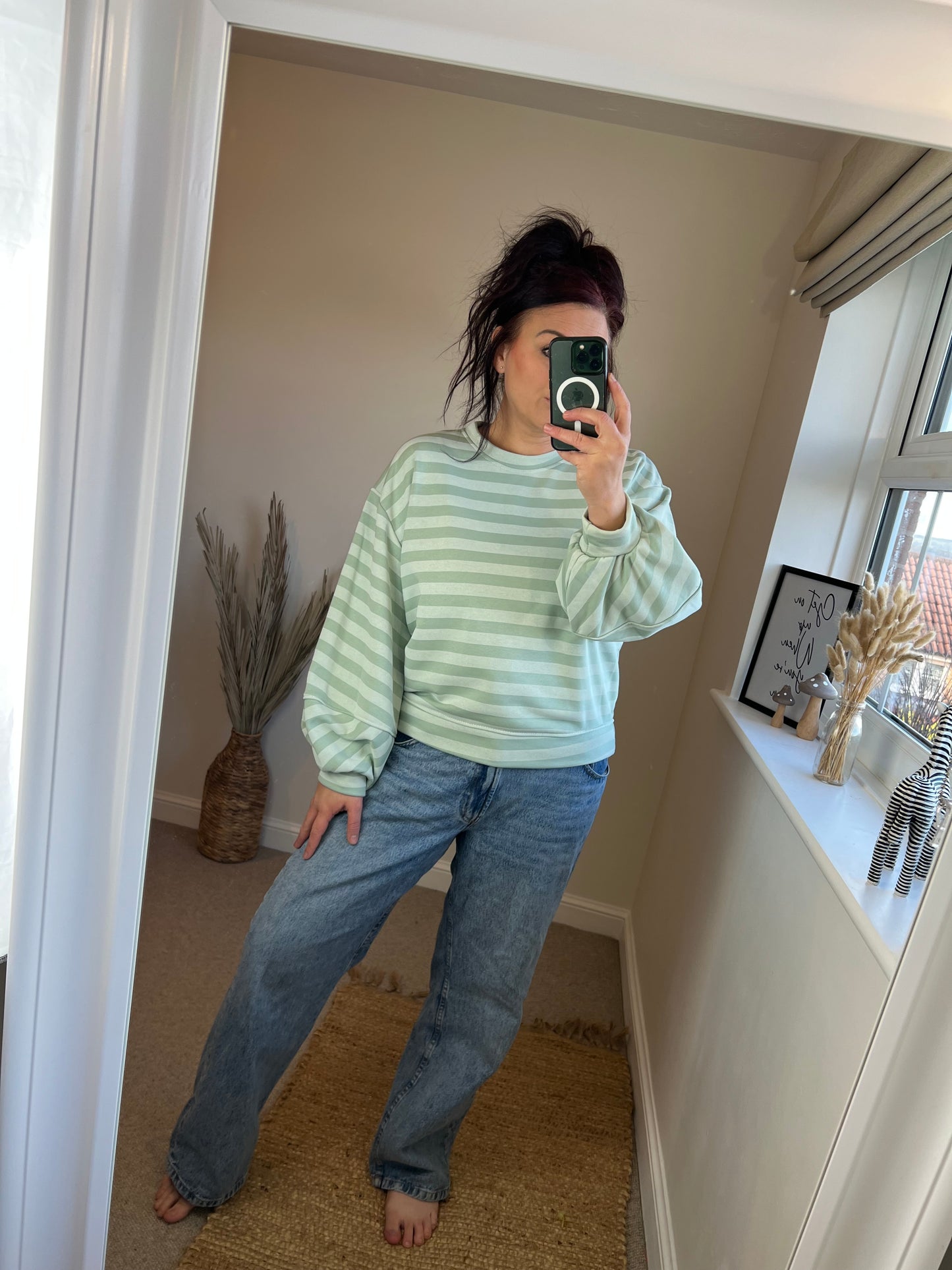 Striped Balloon Sleeve Sweatshirt - Sage