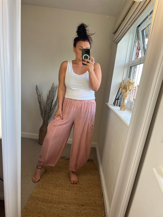 Barrel Leg Linen Mix Trouser - Dusty Pink