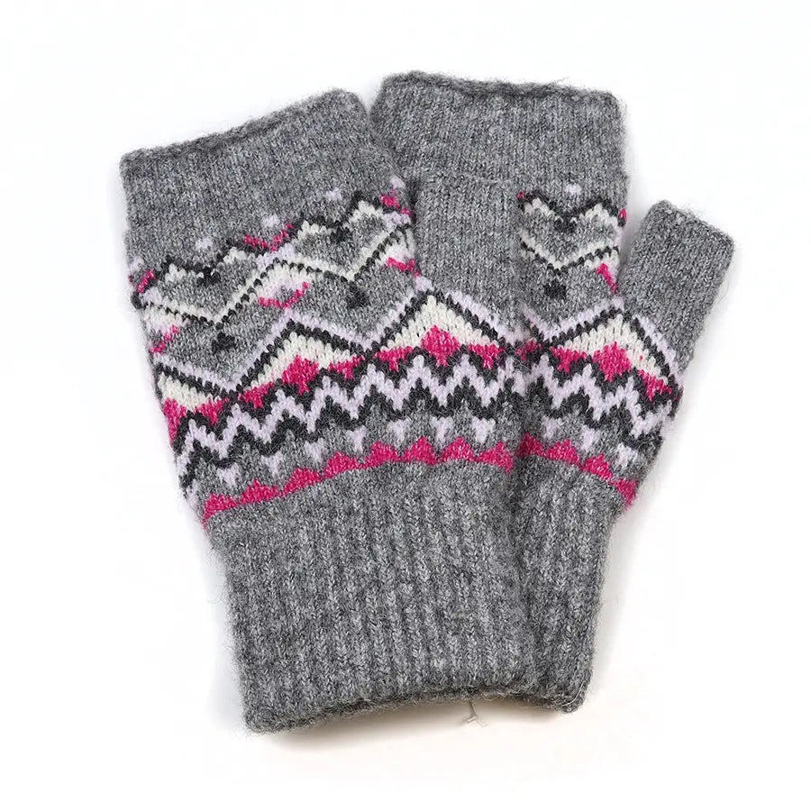 Fair Isle Fingerless Gloves - Grey