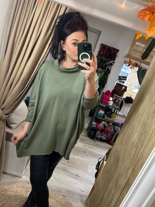 Jersey Cowl Neck Top - Khaki