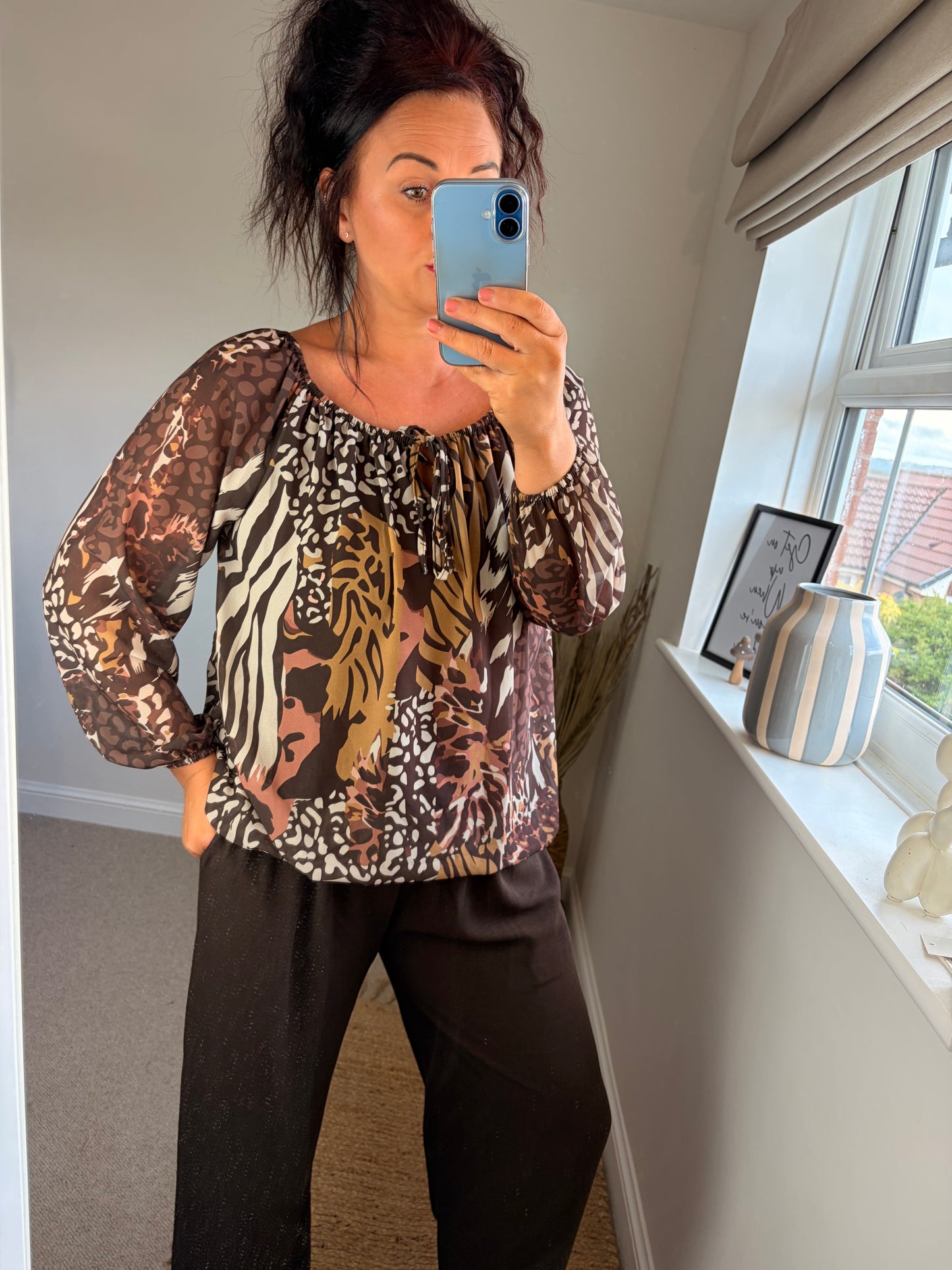 Bubble Hem Animal Print Top - Chocolate