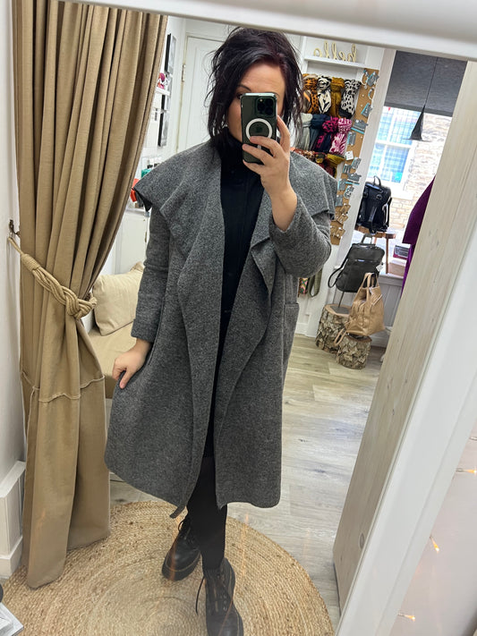 Boiled Wool Open Waterfall Coat - Grey