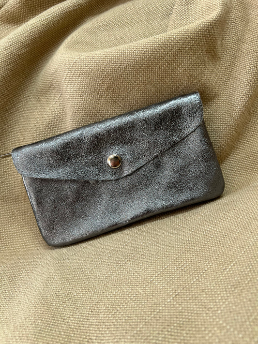 Long Leather Purse - Metallic Pewter