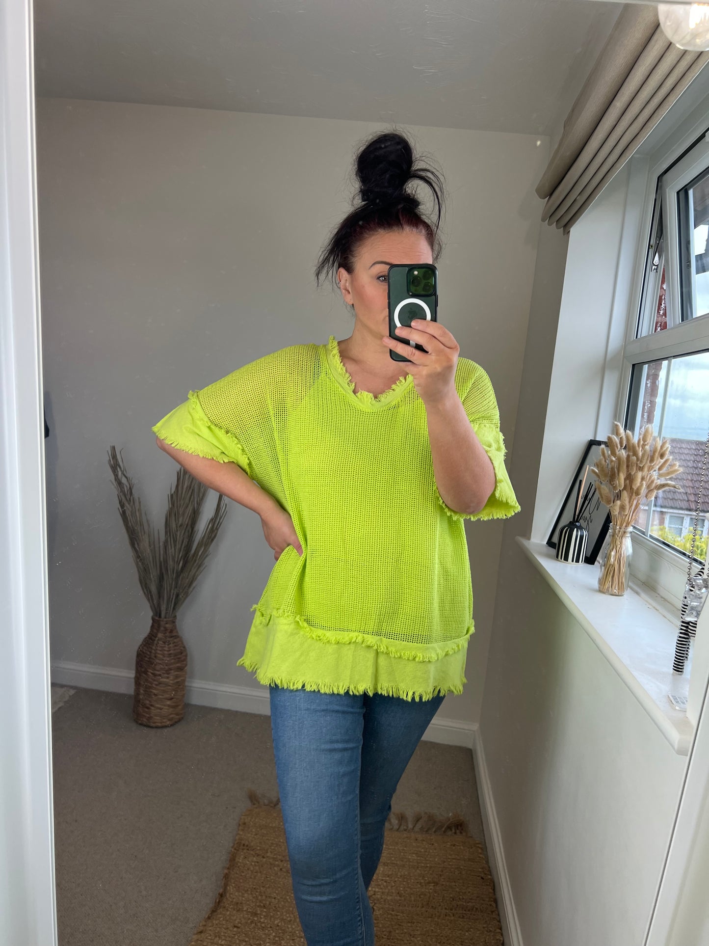Raw Edge Mesh Top - Lime