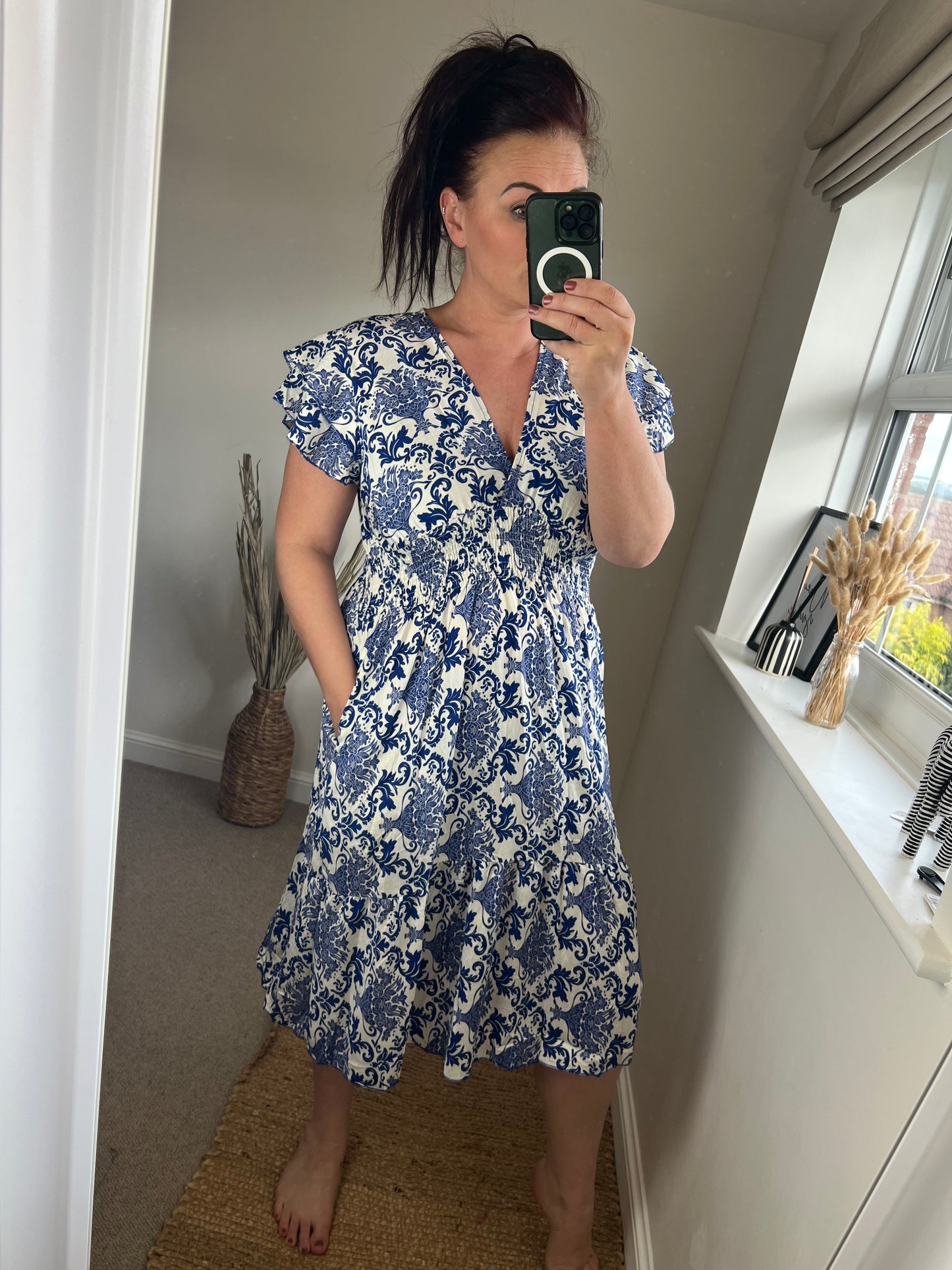 Shirred V Neck Dress - Cobalt