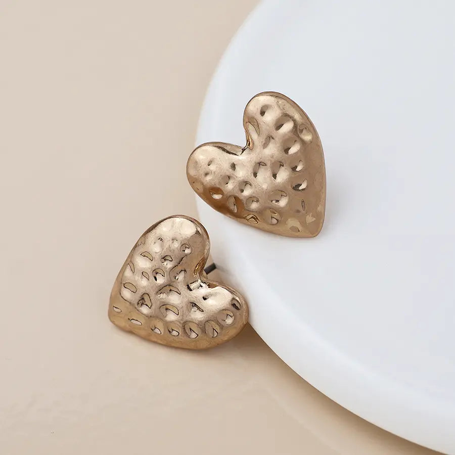 Peace of Mind - Silver Plated Hammered Heart Earrings - Gold
