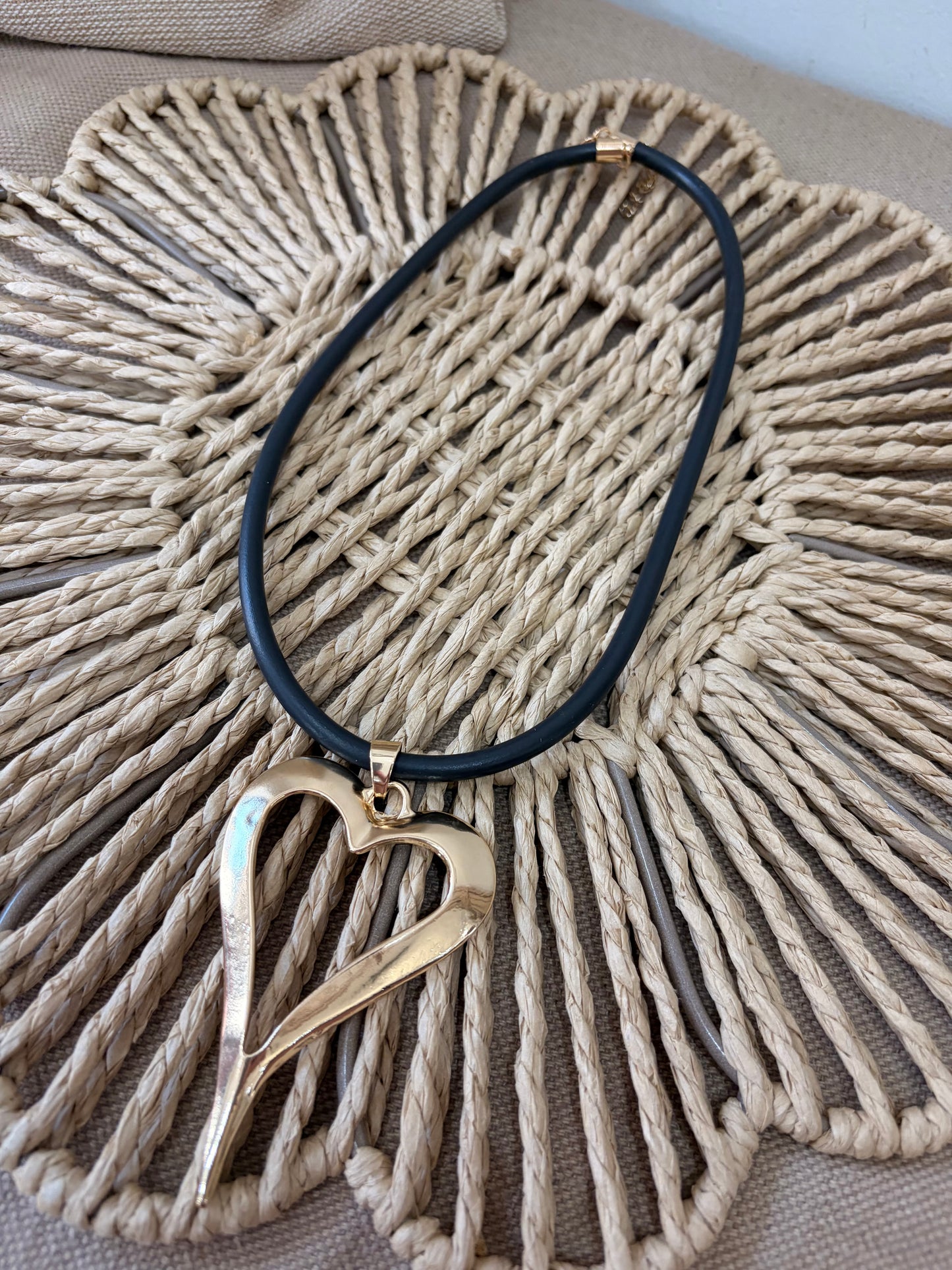 Heart Necklace with Black Rubber Chain - Gold