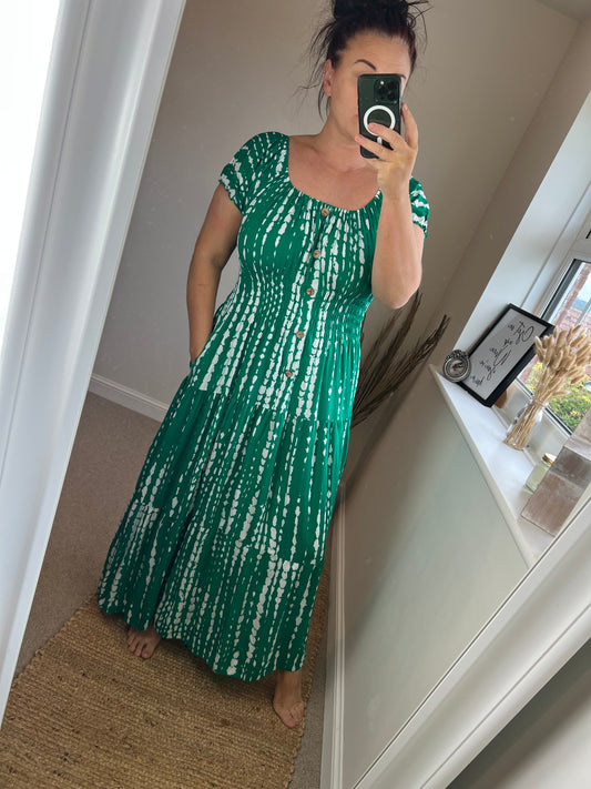 STEVIE Maxi Button Dress with Pockets - Green/White