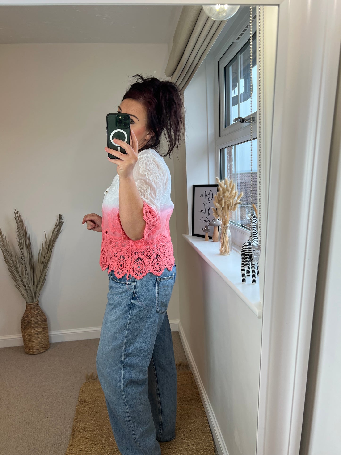 Crochet Lace Two Tone Cardi - Coral