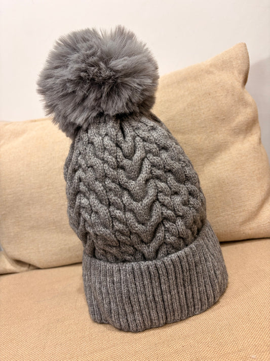 Fleece Lined Pom Pom Hat - Mid Grey