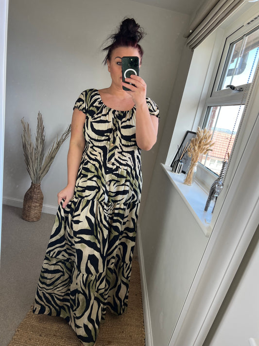 STEVIE Maxi Button Dress with Pockets - Zebra Black