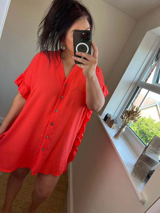 Frill Shirt Dress - Coral