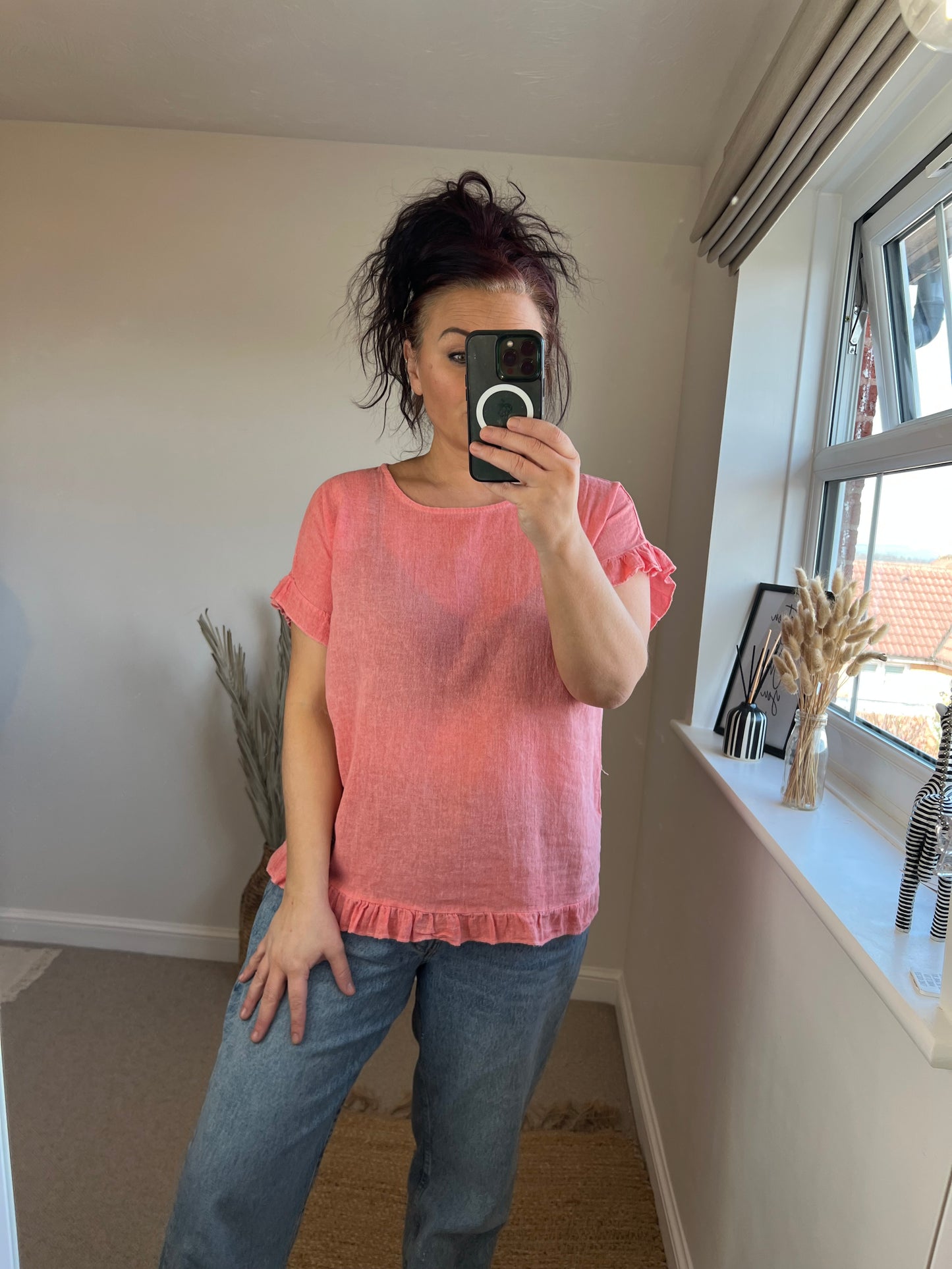 Washed Frill Top - Coral