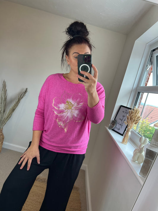 Fine Knit Foil Flower Jumper - Pink