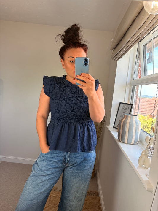 Shirred Peplum Top - Navy
