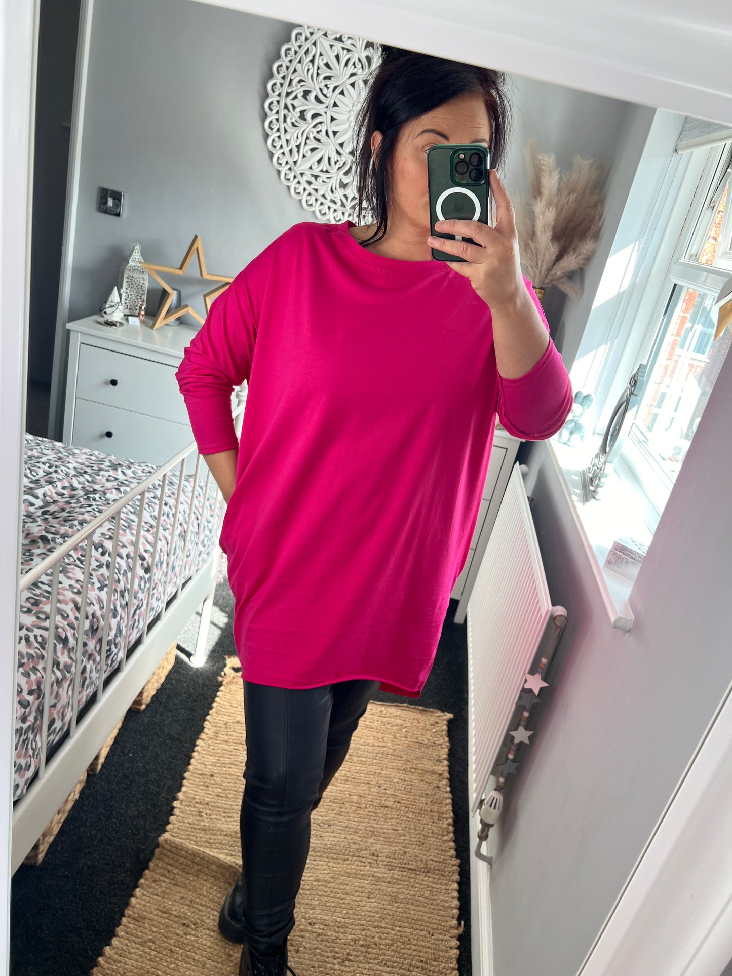 Long Sleeve Tshirt Tunic with Pockets - Cerise