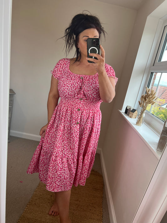 Magic Short Shirred Button Dress - Cerise (Plus Size)