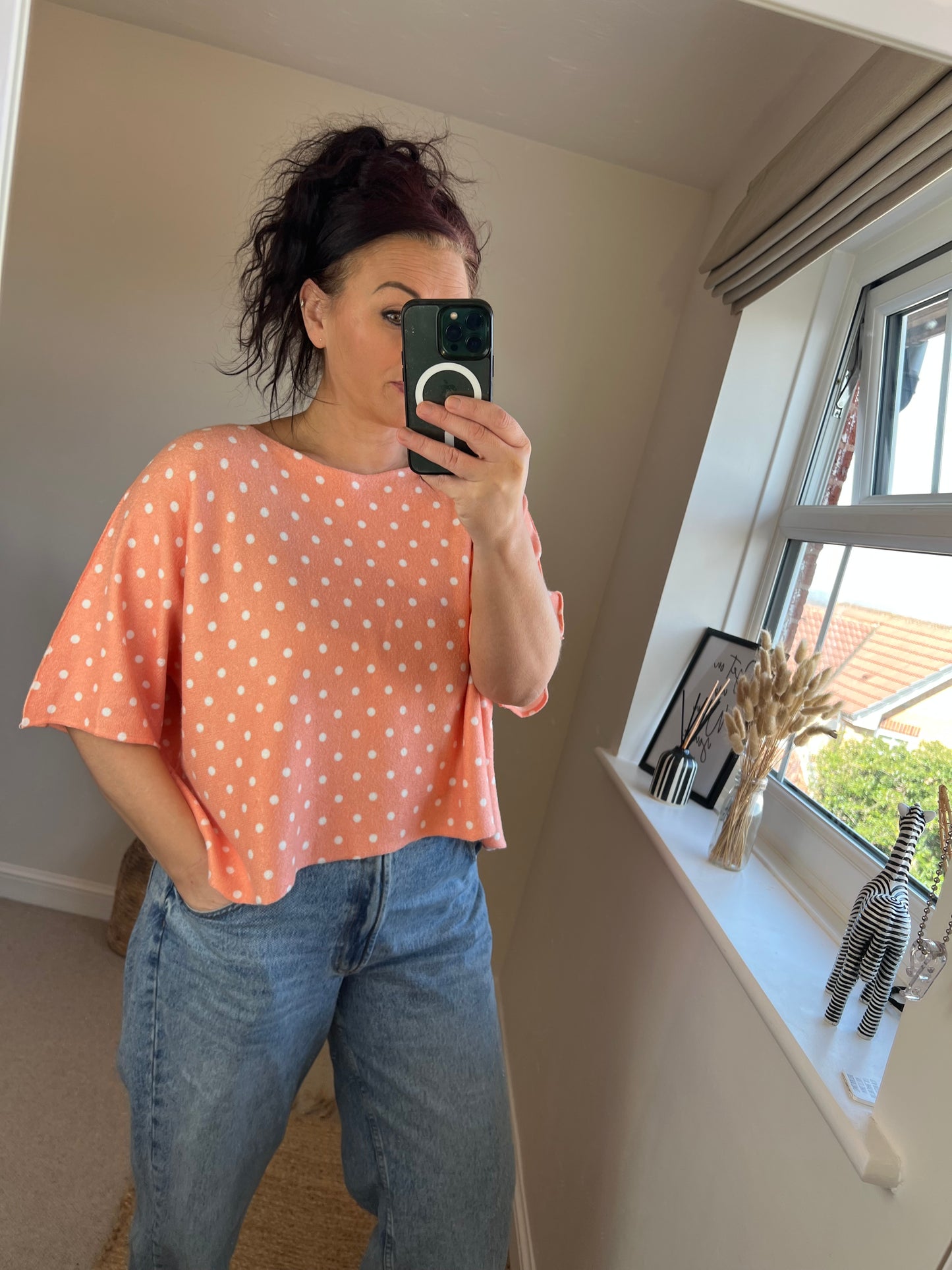 Cropped Sleeve Fine Knit Jumper - Orange Spots