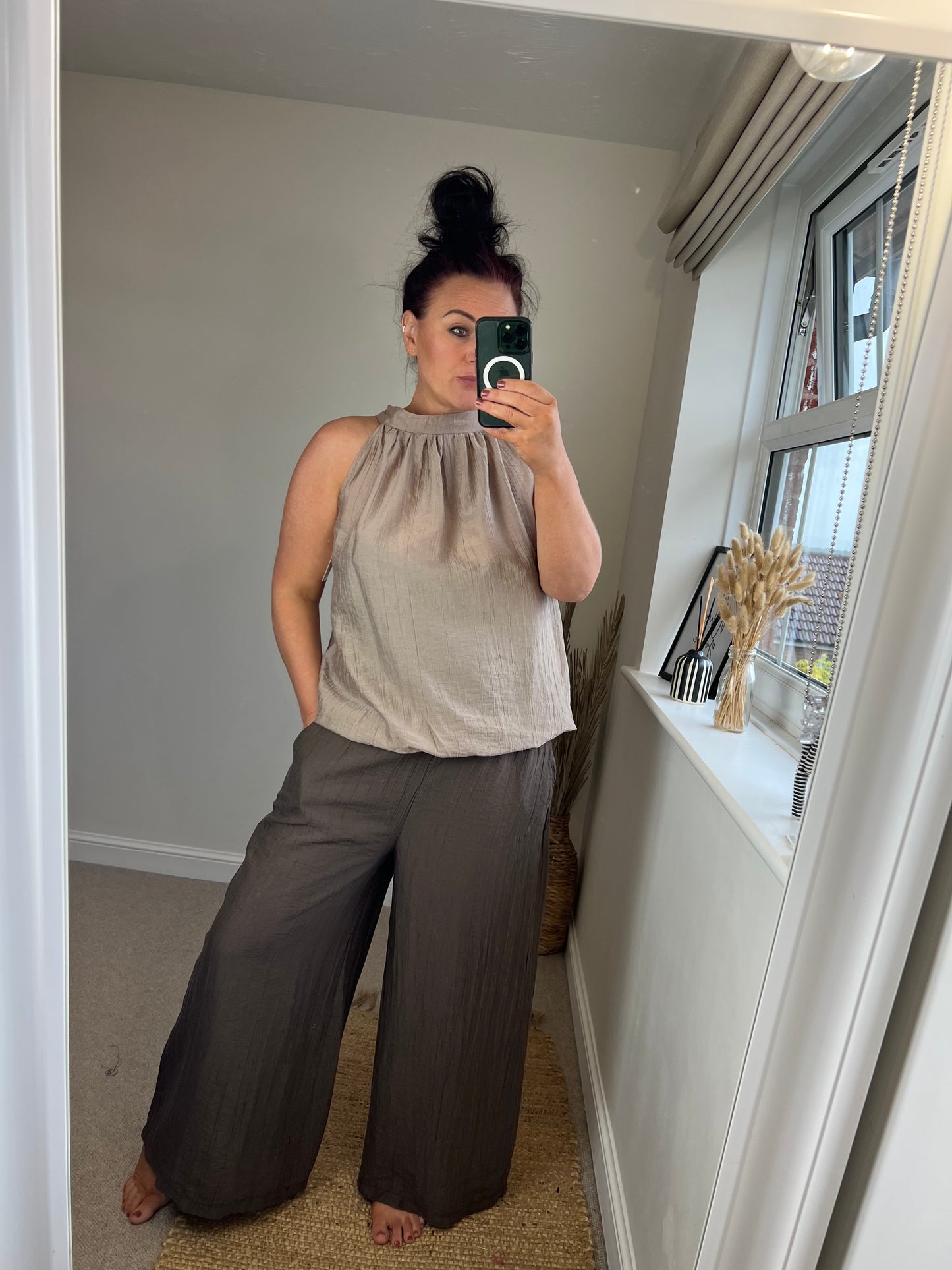 Crinkle Halter Neck Top - Beige