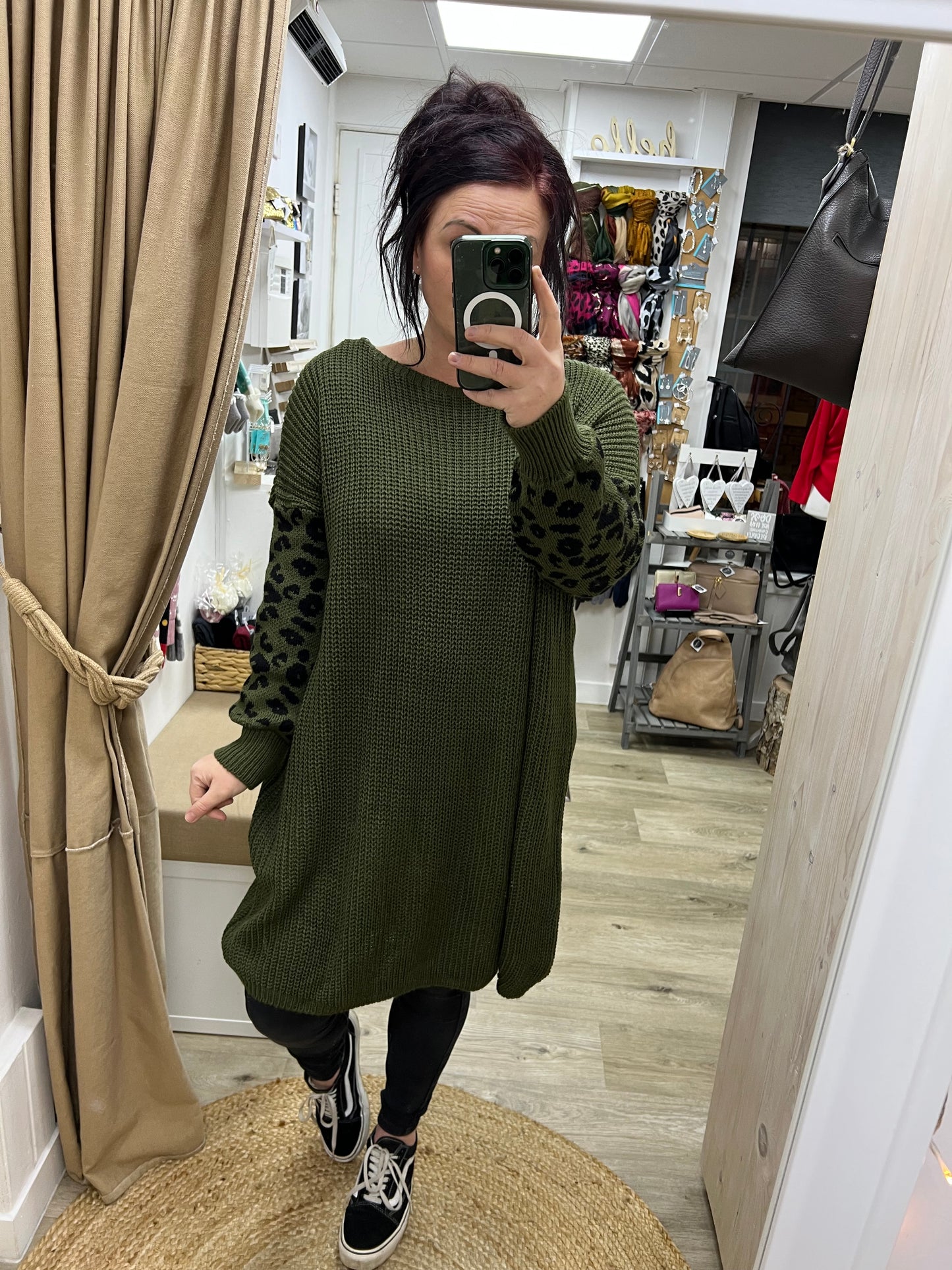 Chunky Knit Leopard Tunic Jumper - Khaki