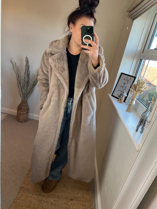Long Faux Fur Coat - Taupe