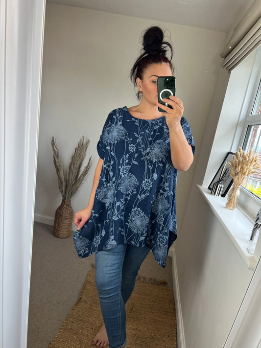Longline Cotton Floral Top - Navy