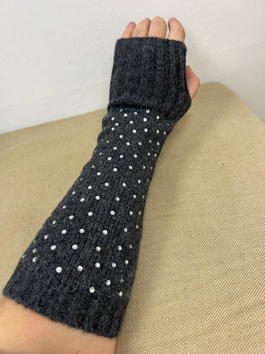 Long Diamanté Fingerless Gloves - Dark Grey