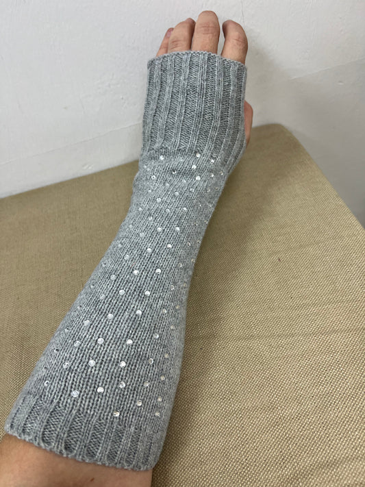 Long Diamanté Fingerless Gloves - Light Grey