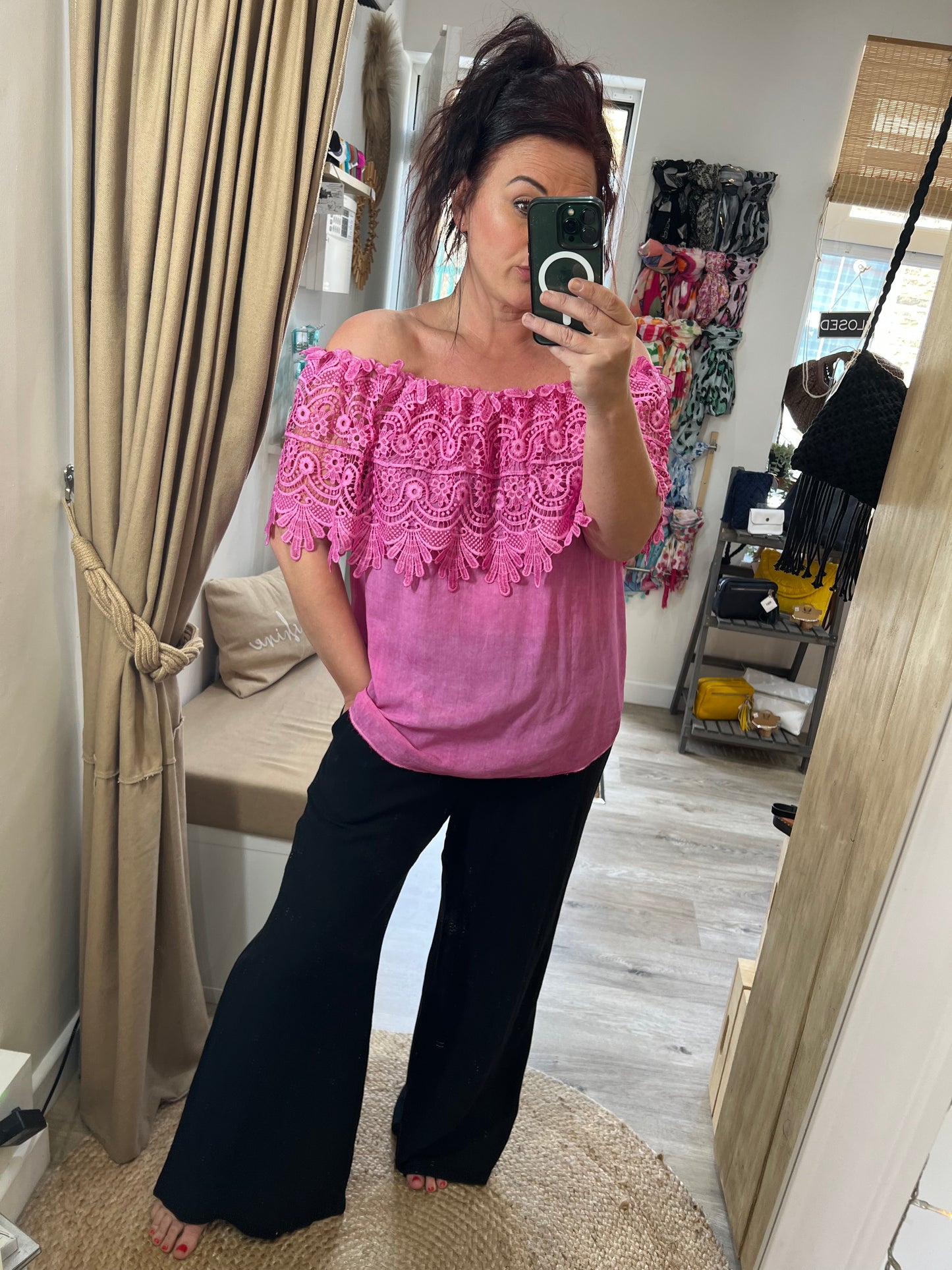 Lace Bardot Top - Cerise