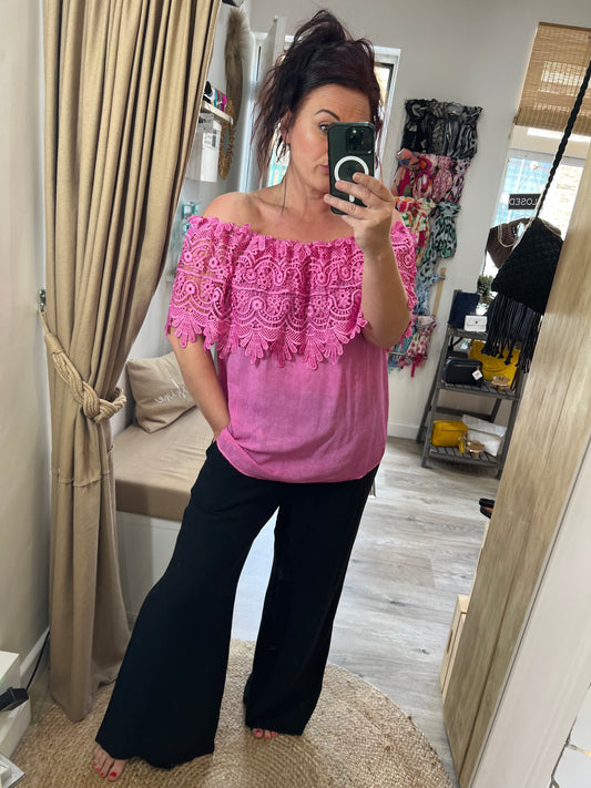 Lace Bardot Top - Cerise