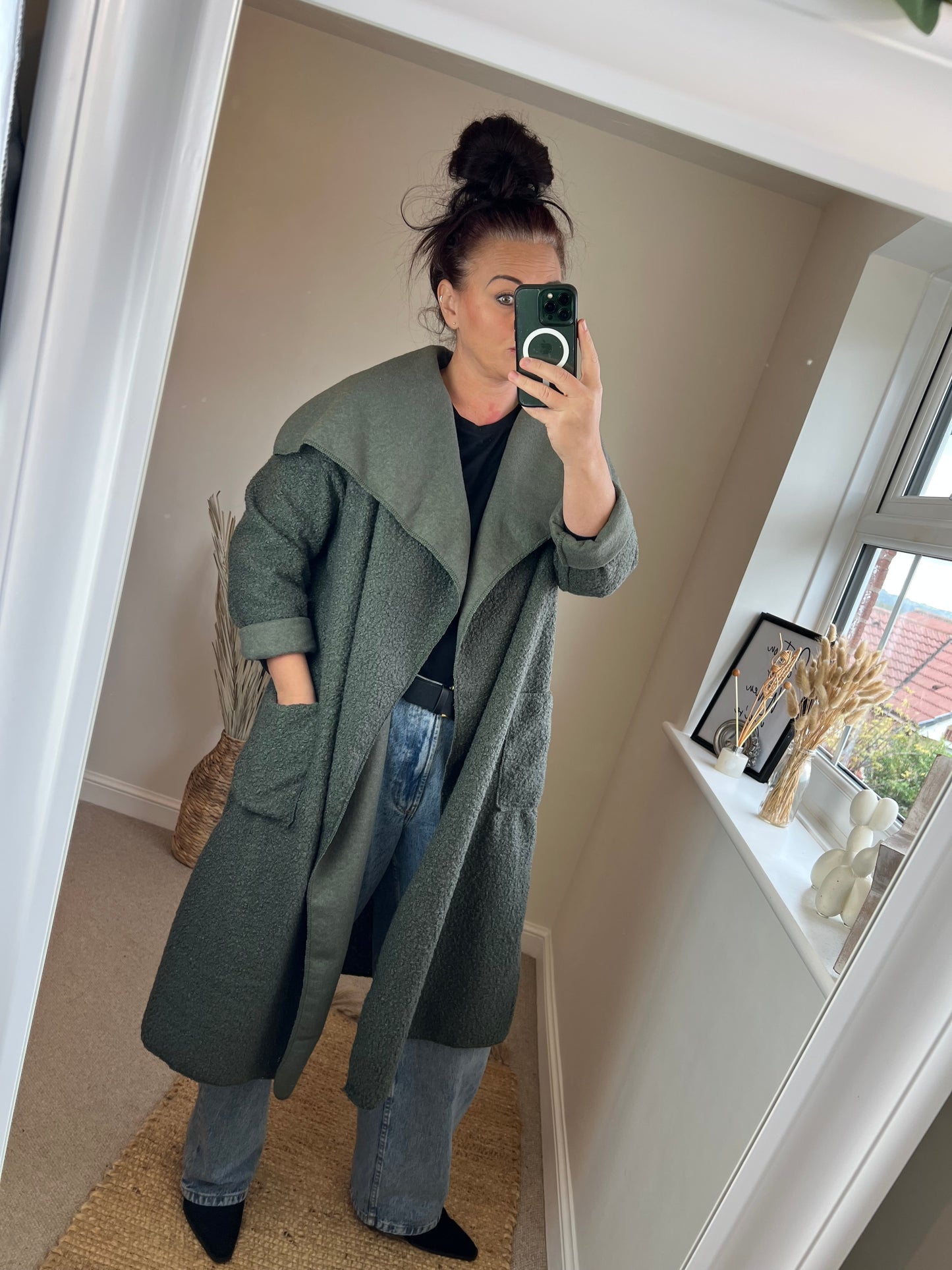 Boucle Open Front Coat - Khaki