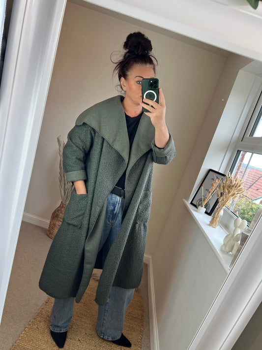 Boucle Open Front Coat - Khaki