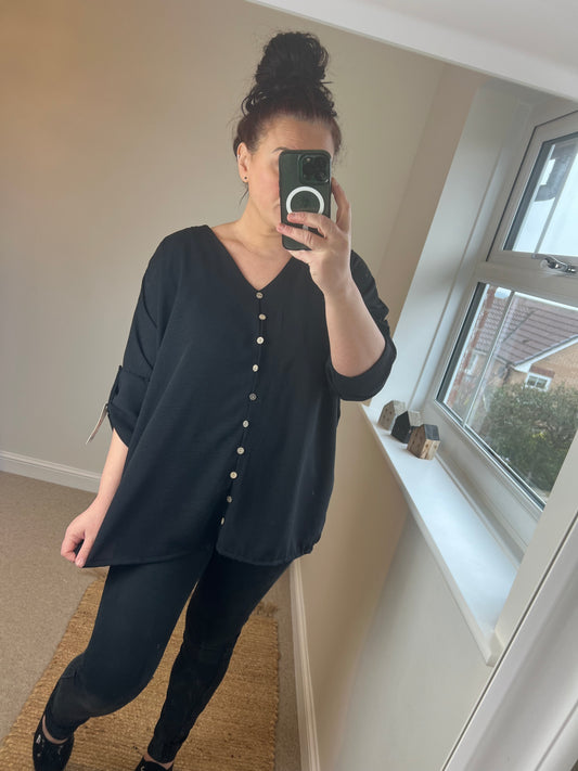 Tiny Button V Top - Black