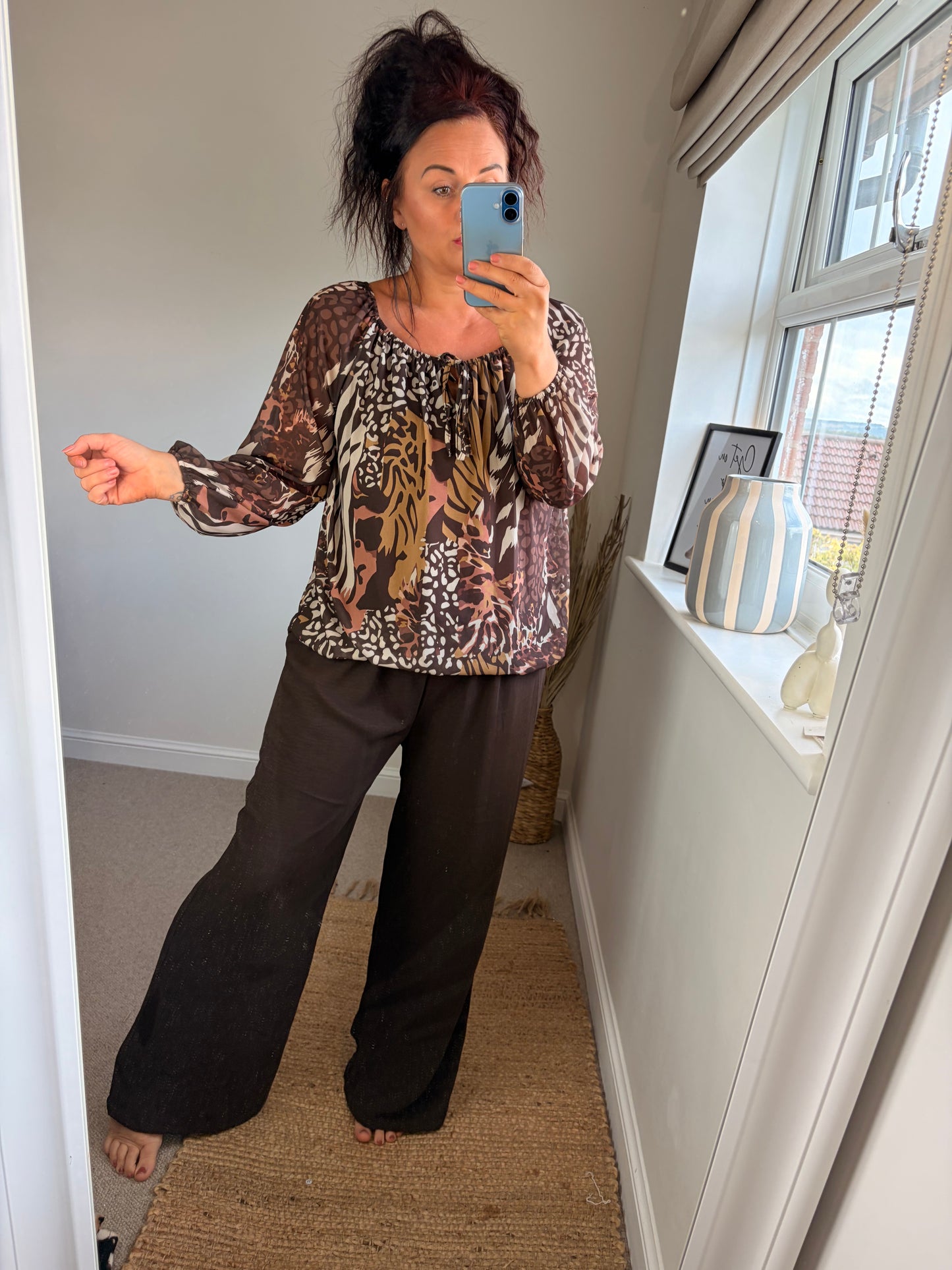 Bubble Hem Animal Print Top - Chocolate