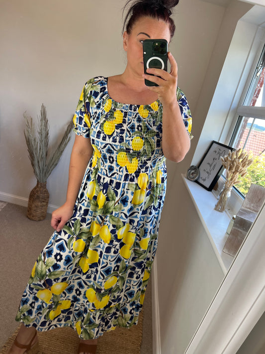 Lemons Shirred Midi Dress - Navy