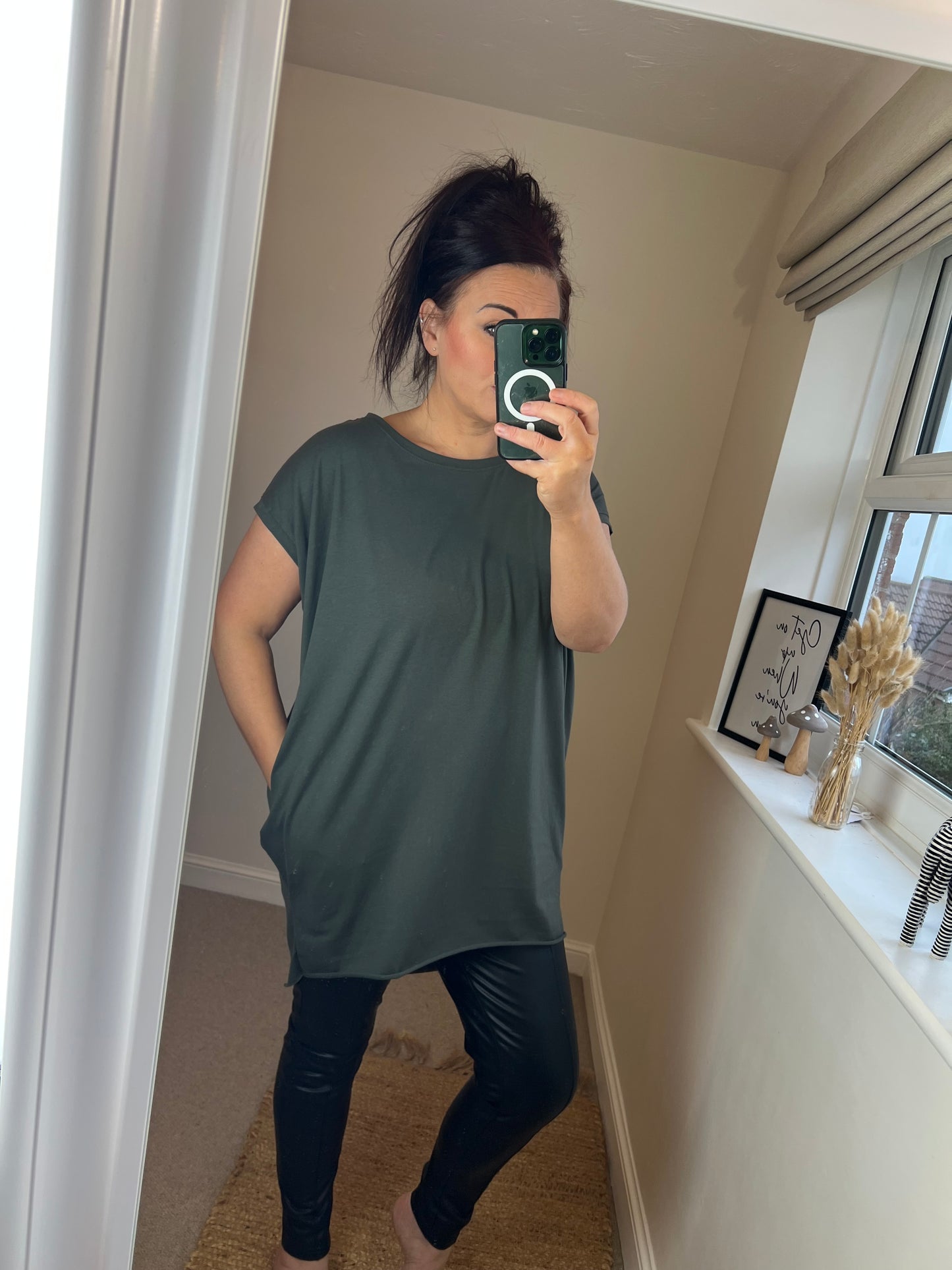 Longline T-shirt with Pockets - Khaki