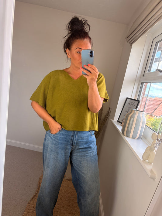 Boxy V Neck Short Sleeve Jumper - Pistachio