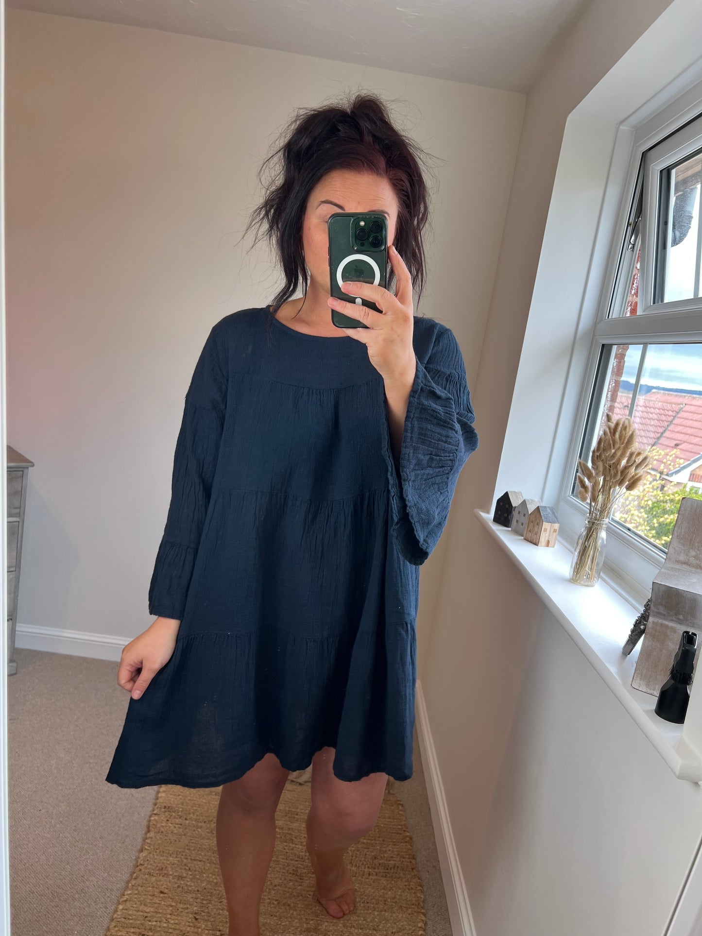 Crinkle Cotton Tunic Dress - Navy