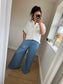 Wide Leg Denim Stripe Trousers - Dark