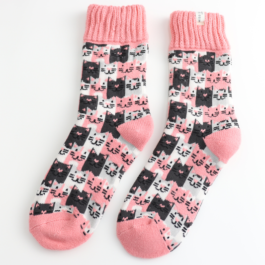 Miss Sparrow Winter Socks - Happy Cats Pink