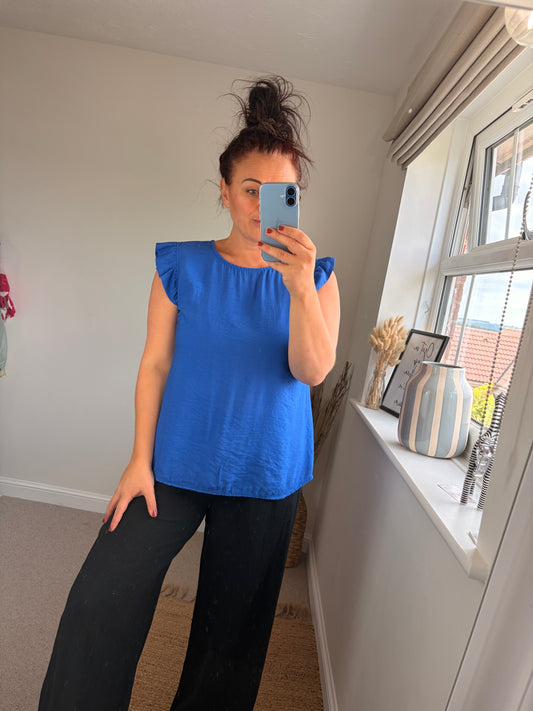Button Back Frill Sleeve Top - Cobalt
