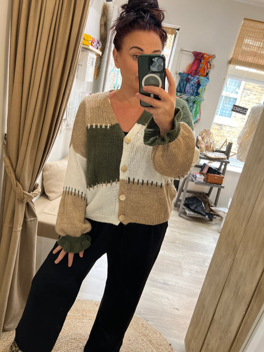 Paper Bag Sleeve Cardigan - Khaki