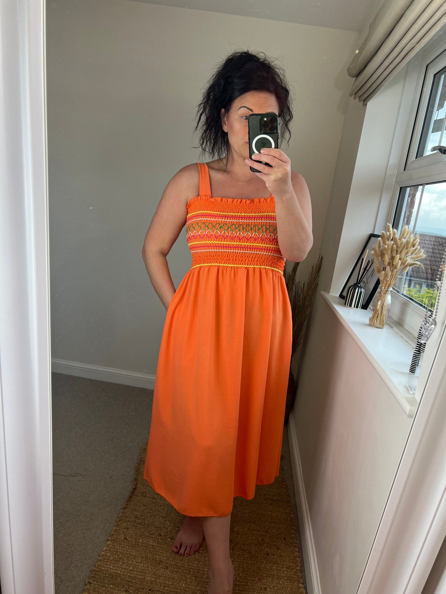 Shirred Bust Midi Dress - Orange