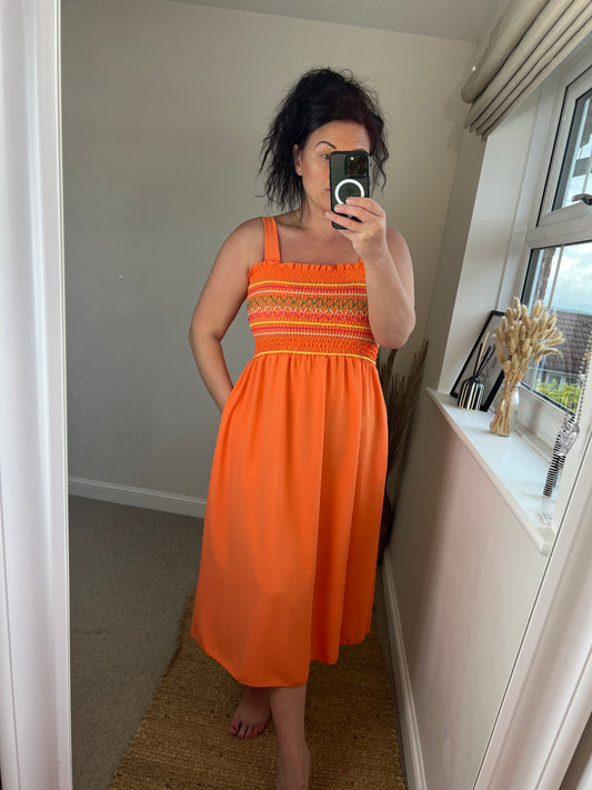 Shirred Bust Midi Dress - Orange