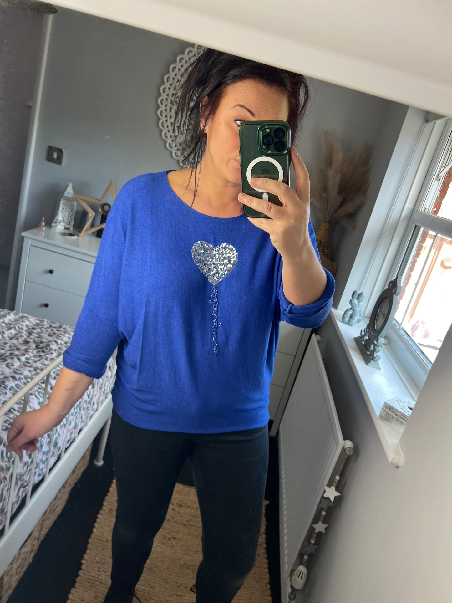 Fine Knit Sequin Heart Jumper - Cobalt