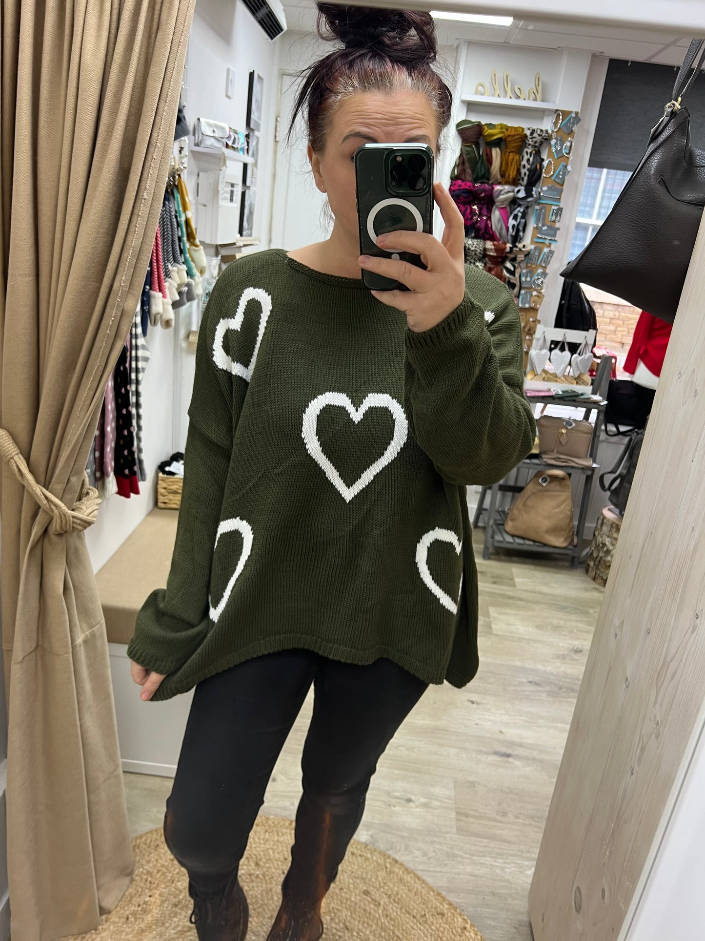 Chunky Knit Heart Jumper - Khaki