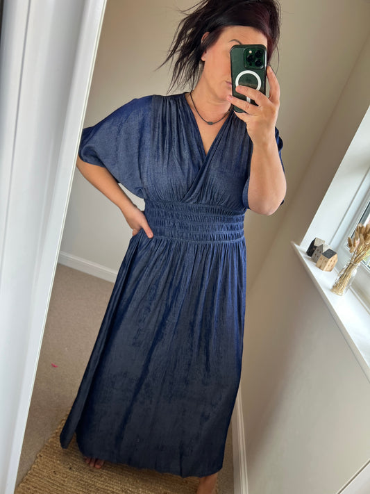 Shirred Waist Denim Maxi Dress - Dark