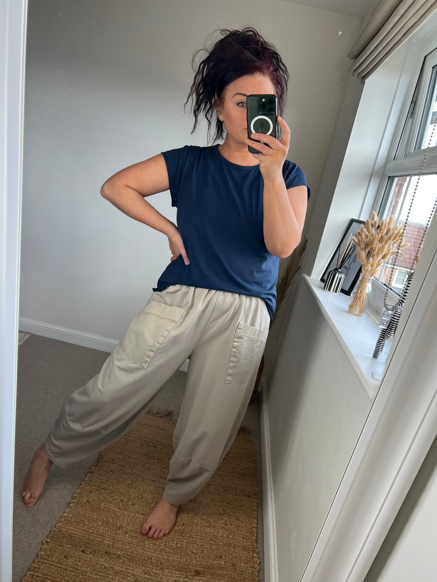 Jersey Barrel Leg Trousers - Beige