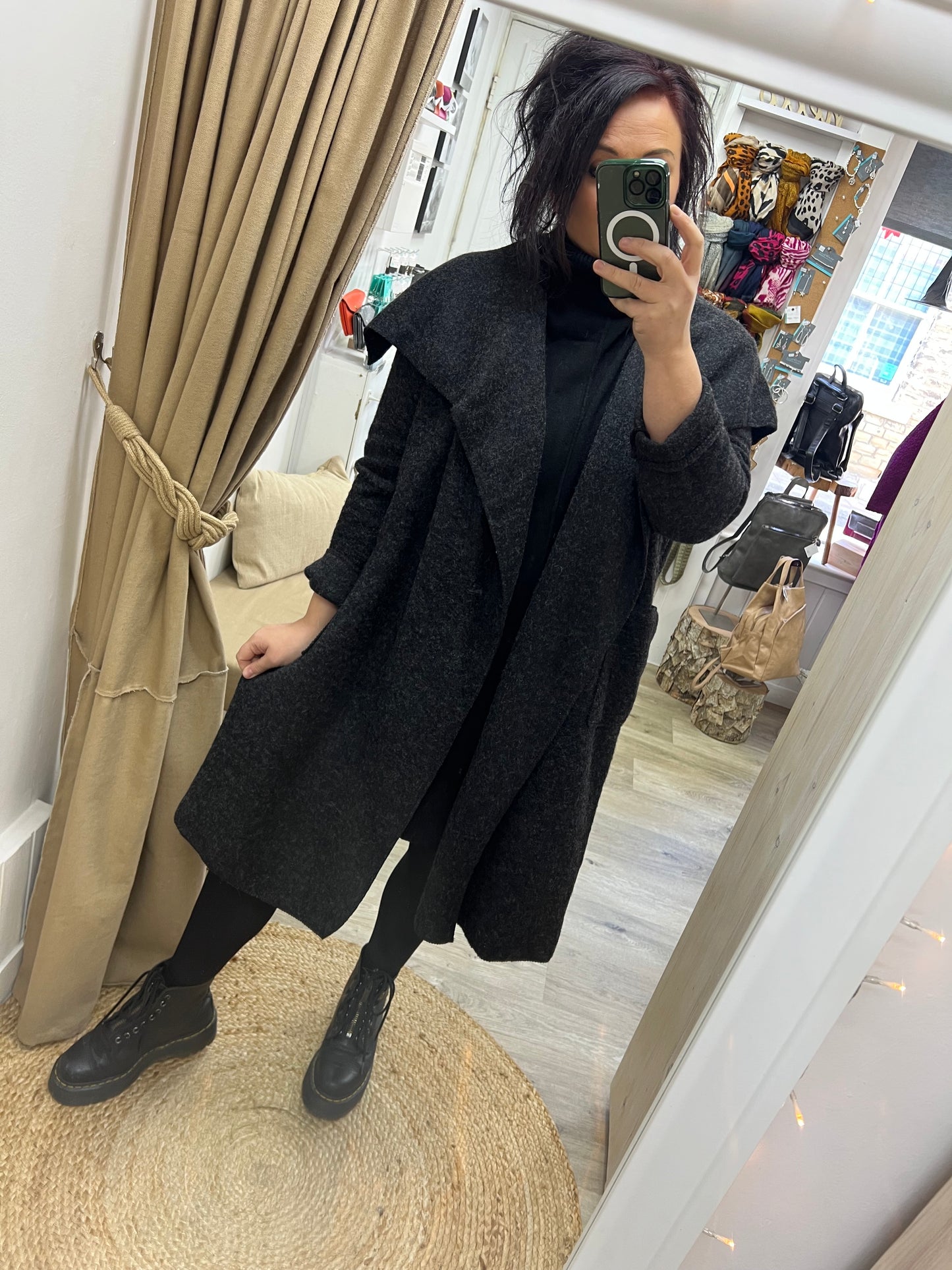 Boiled Wool Open Waterfall Coat - Black Grey