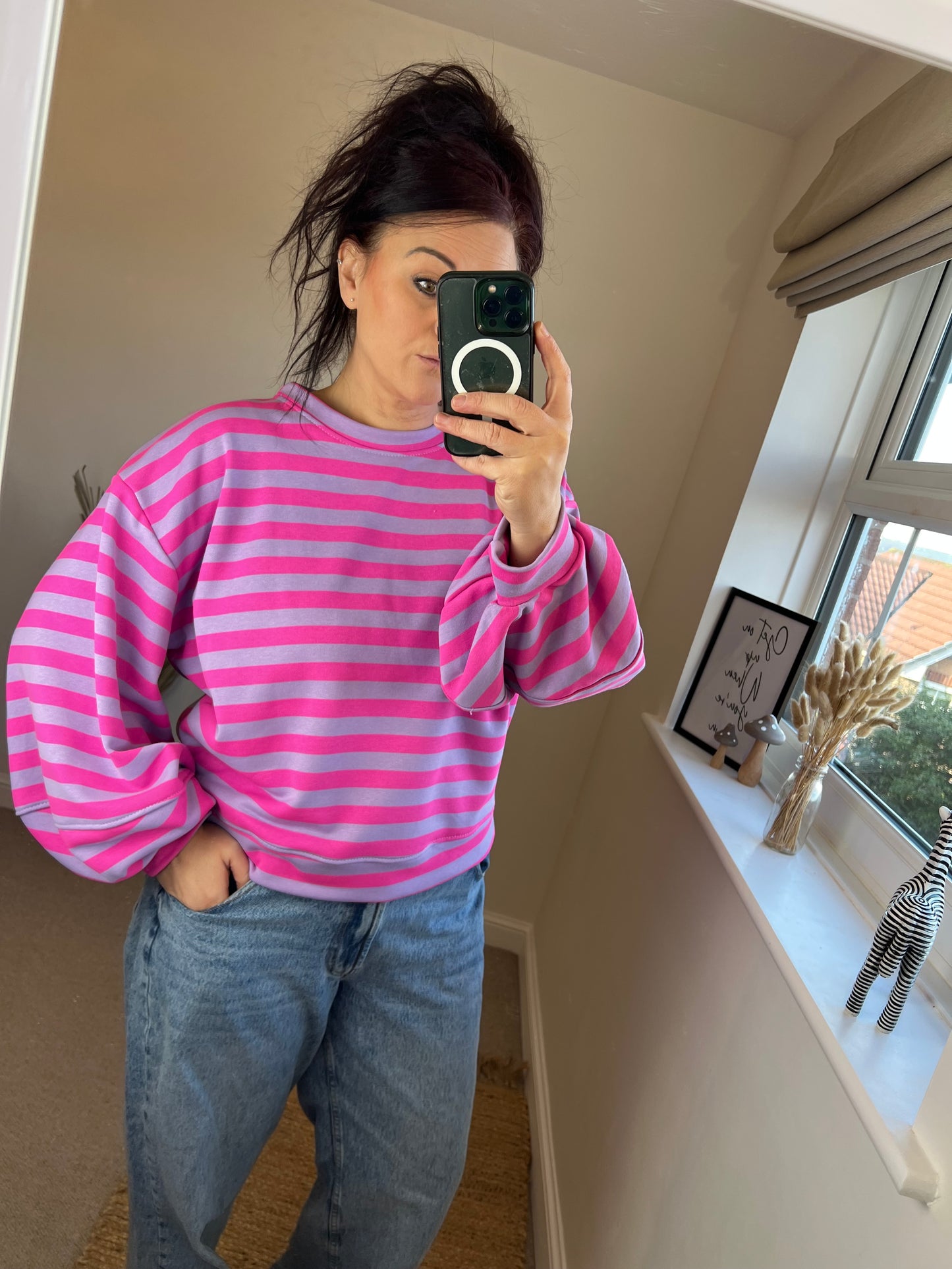 Striped Balloon Sleeve Sweatshirt - Purple